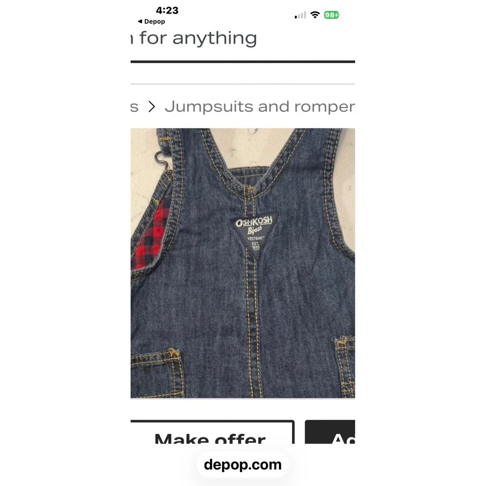 OshKosh Bgosh Kids 12M Blue Denim Flannel Lined Overalls Buffalo Plaid Vestbak